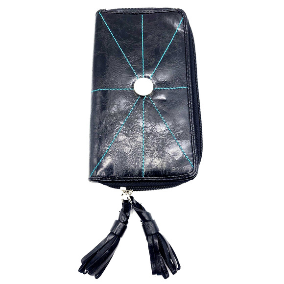 KENNETH COLE REACTION Black Clutch Organizer Leather Tassel Zipper Pulls 8x4.5x1 - Picture 10 of 11